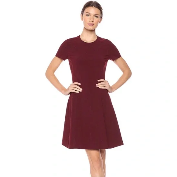 THEORY Modern Seamed Short Sleeve Jewel Neck Shift Dress in Deep Mulberry - Picture 10 of 14